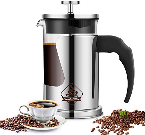 Instalite French Press Coffee Maker (600 ml) with 4 Level Filtration System - 304 Grade Stainless Steel - Heat Resistant Borosilicate Glass