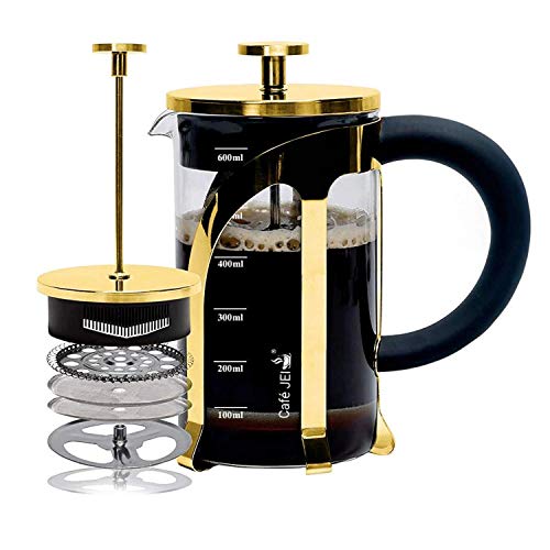 Cafe JEI French Press Coffee and Tea Maker 600ml with 4 Level Filtration System, Stainless Steel, Heat Resistant Borosilicate Glass, Included Coasters (Set of 4) (Gold, 600ml)