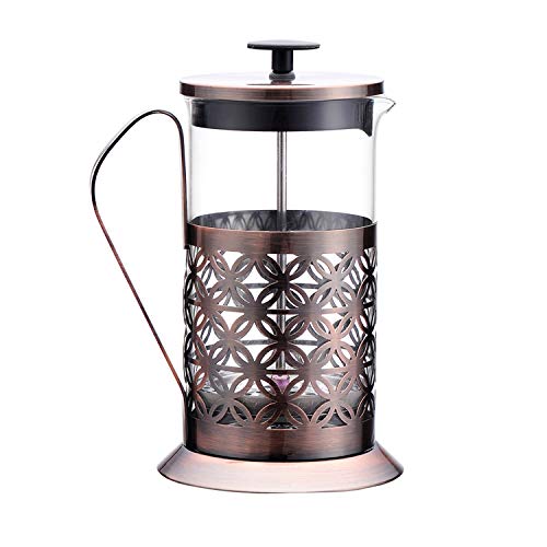 Upscale 600 ml Tea and Coffee French Press Brewer Pot and Plunger, 4 Part Filtration, with Stainless Steel case and Handle and Borosilicate Glass Body, Perfect for Tea, Coffee, Expresso - Gold