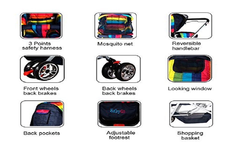 Babygo Delight Reversible Baby Stroller and Pram (Rainbow) Features